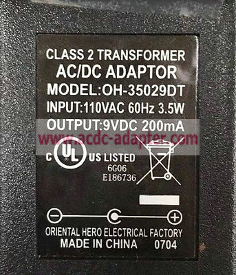 Original Hero AC DC Adaptor OH-35029DT 9V 0.2A Plug In Class 2 Transformer power - Click Image to Close